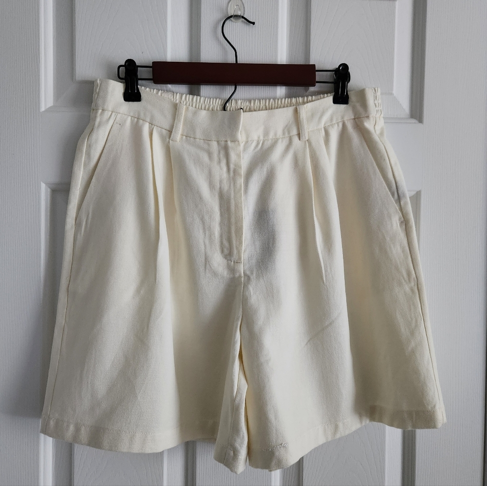 Adrienne Landau High Rise Wide Leg Cotton/Tencel Cream Shorts